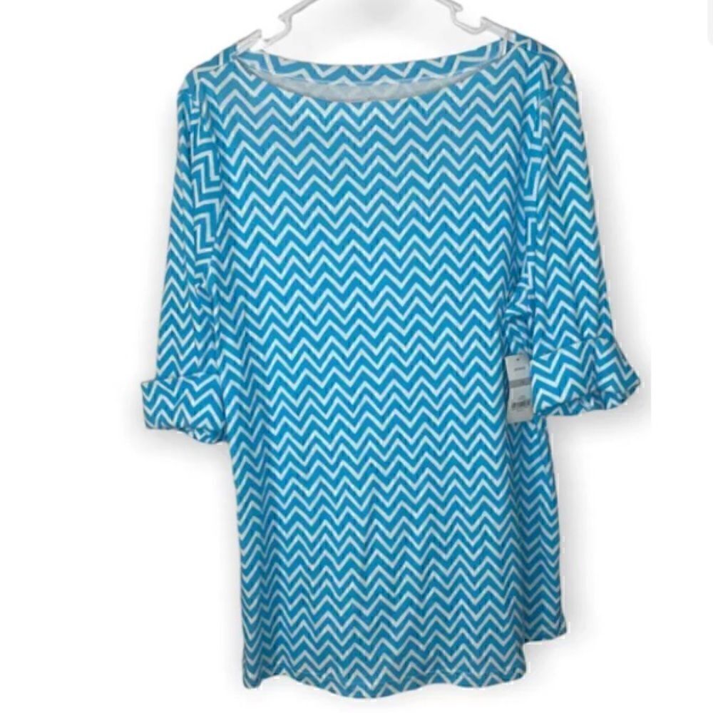Kim Rogers Woman's XL Aqua And White Chevron Cuff Shirt Sleeve Hardware NWT